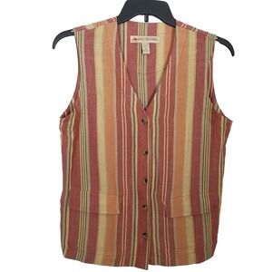 Roo Crossing Women Linen Blend Sleeveless Top Vest Sz S Striped Button Up Retro
